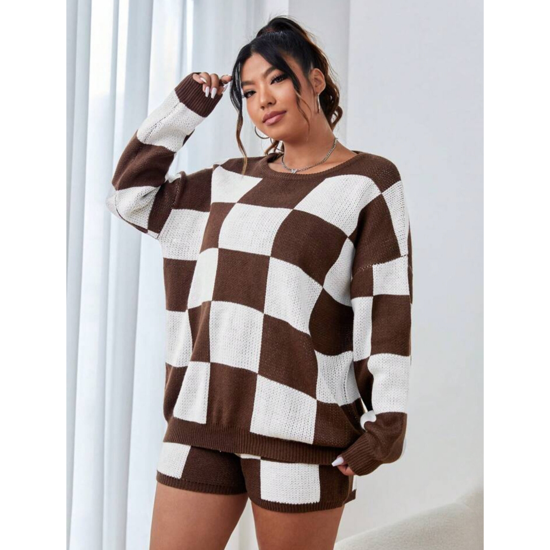 SHEIN Plus Set: Checkerboard Pattern Sweater &amp; Shorts