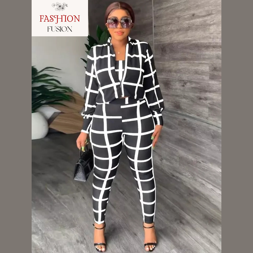 Casual Elegance: Chic Checked 3 Piece Set for Women with Flared Blazer and Strapless Crop Top