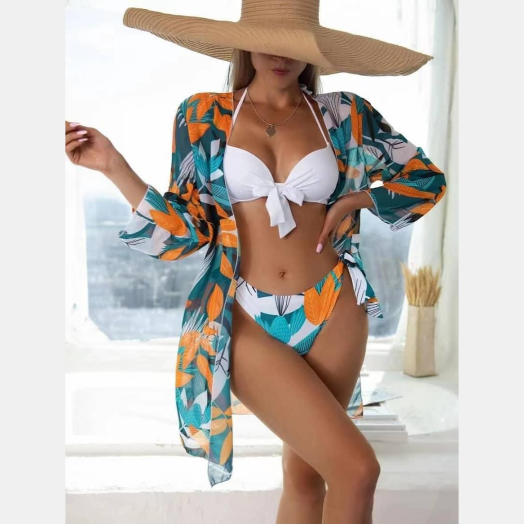 Évasion Naturelle : Ensemble 3 Pièces Maillots de Bain Bikini et Kimono à Nœud Imprimé Végétal, Votre Passage Élégant de la Plage à la Piscine