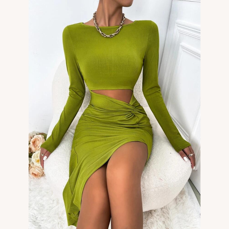 Robe moulante verte acidulée avec découpe torsadée et fente - FashionFusion