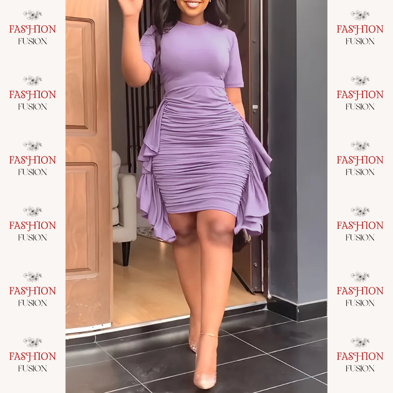 Purple patchwork pleat O neck dress: casual fashion style for optimal comfort