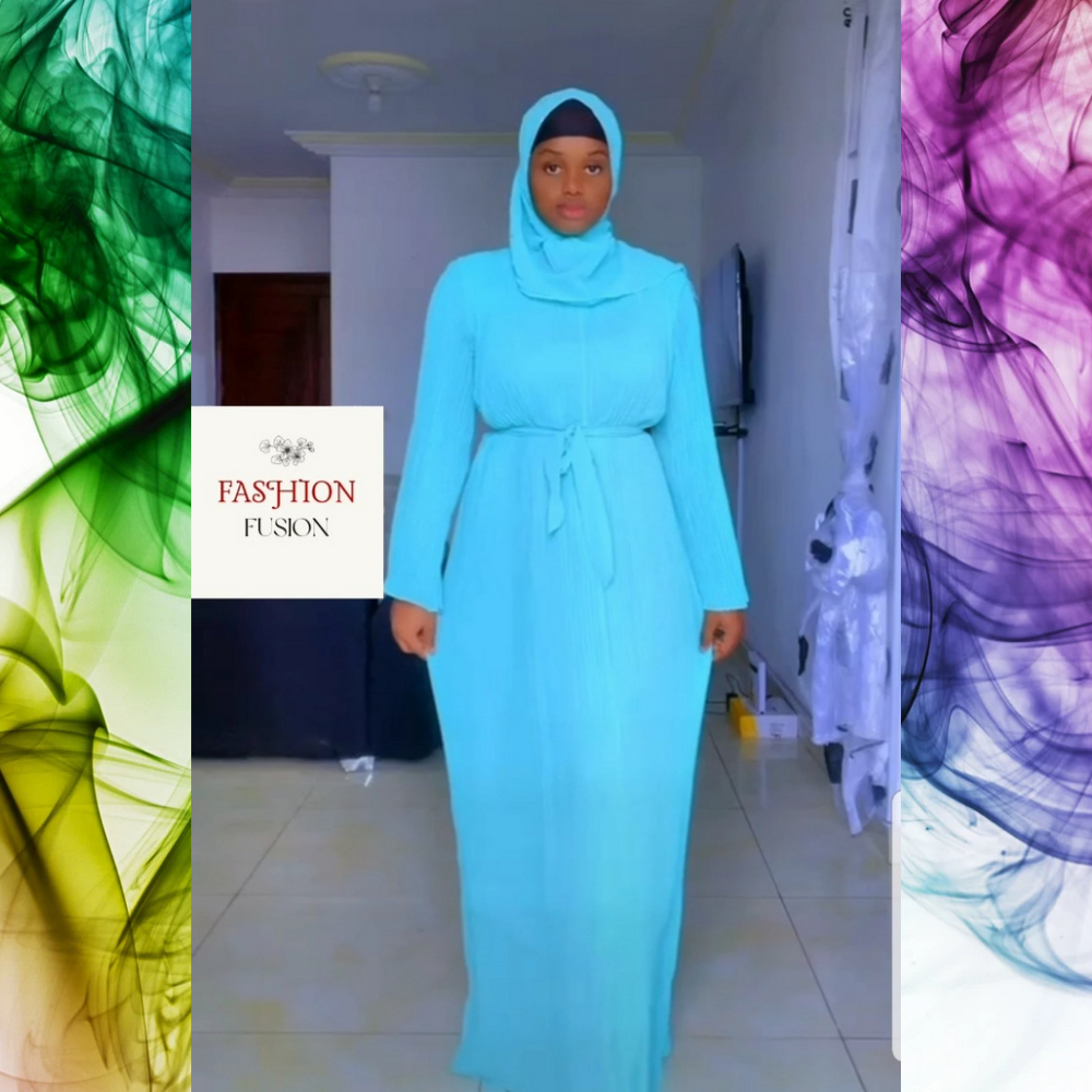 Adopt an elegant look with our blue Dubai Abaya worn by a TikTok influencer